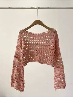 Crochet Open-Knit Cropped Sweater - Dusty Rose